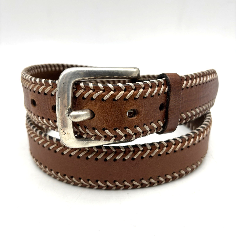 Vintage Brown Full Grain Italian Leather Whipstitch Trim Western Belt 36" Turkey